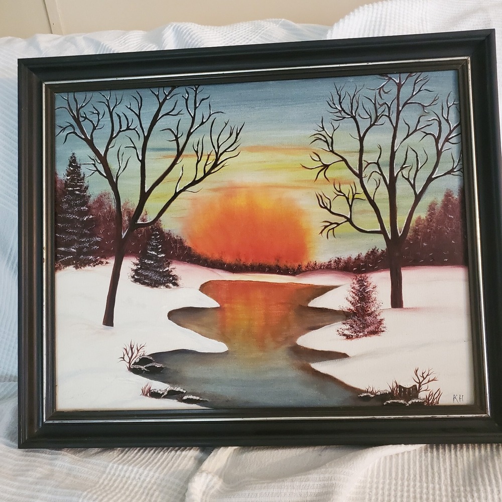 Vintage Oil on Canvas Painting Signed KH 18.5 "x 22.5" Winter Landscape Framed
